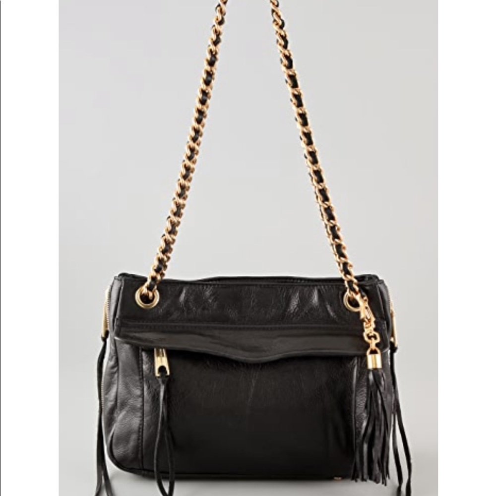 REBECCA MINKOFF black leather bag gold chain purse